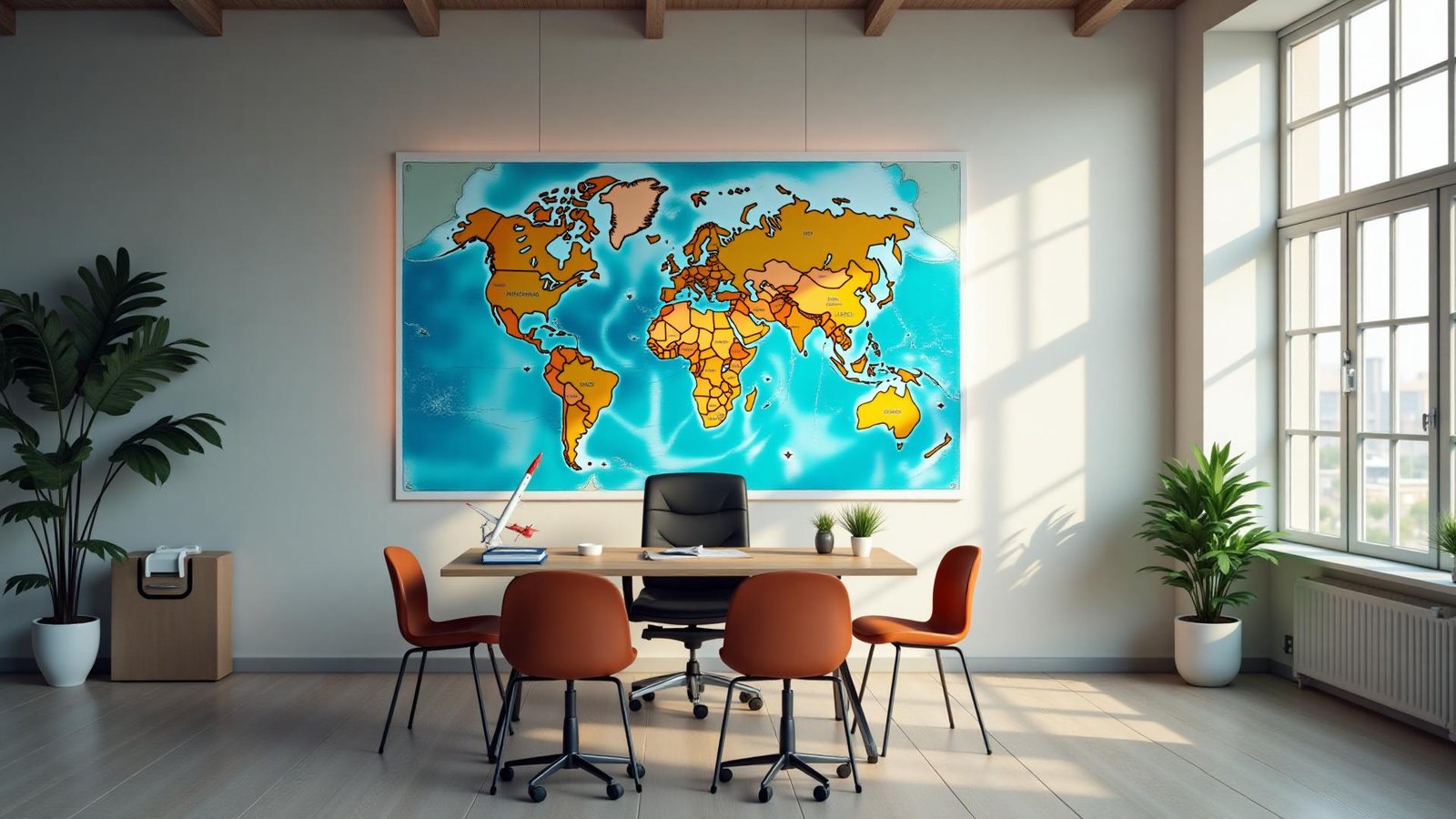 Professional travel agent workspace with laptop, passport, and travel planning materials on a desk